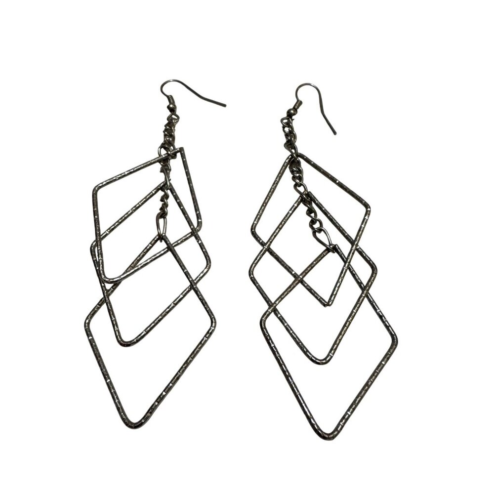 Triple Layer Diamond Shape Geometric Dangle Earrings Silver-Tone Lightweight